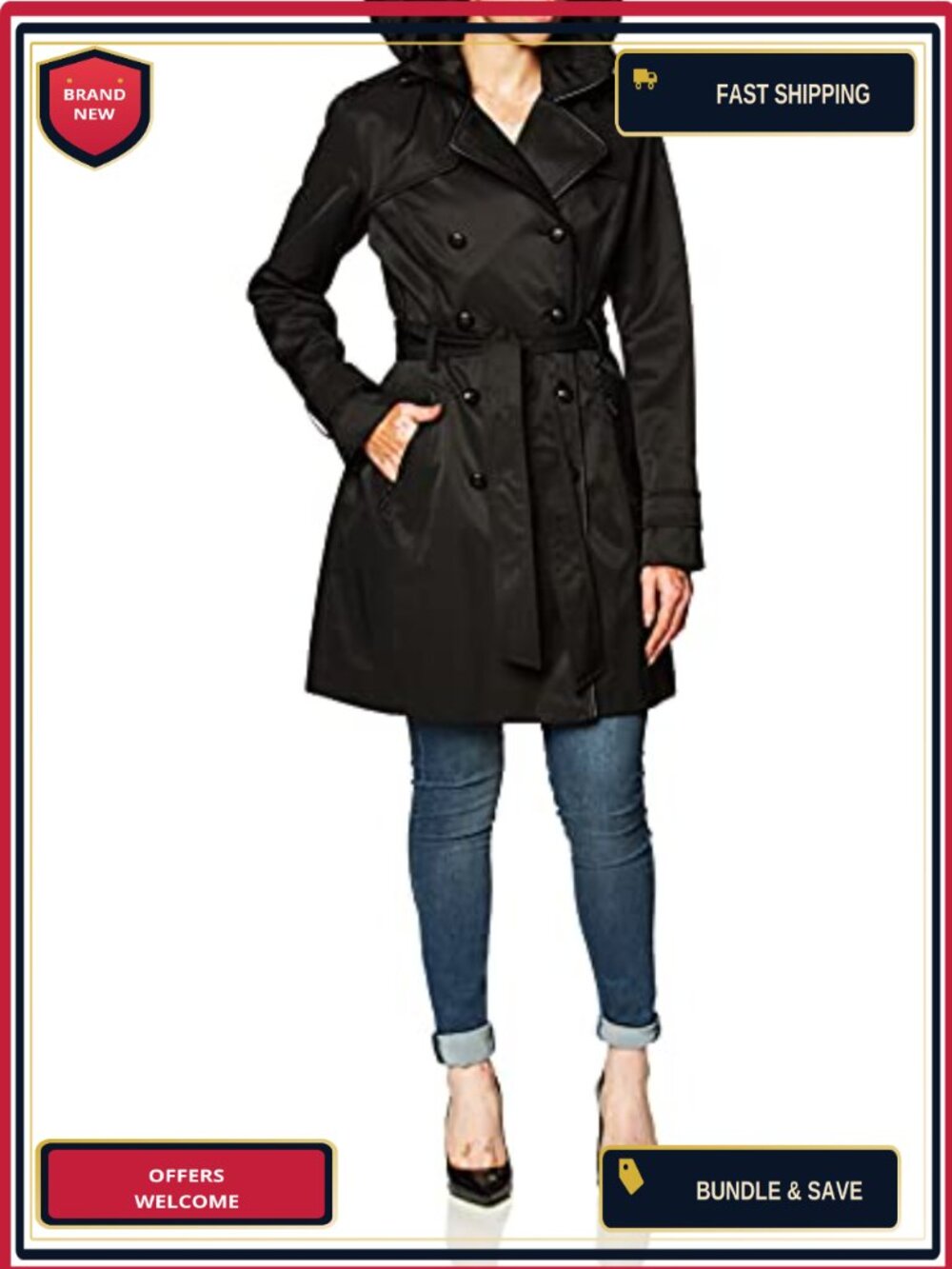 Double Breasted Trench Coat with Adjustable Belt, Contrast Piping